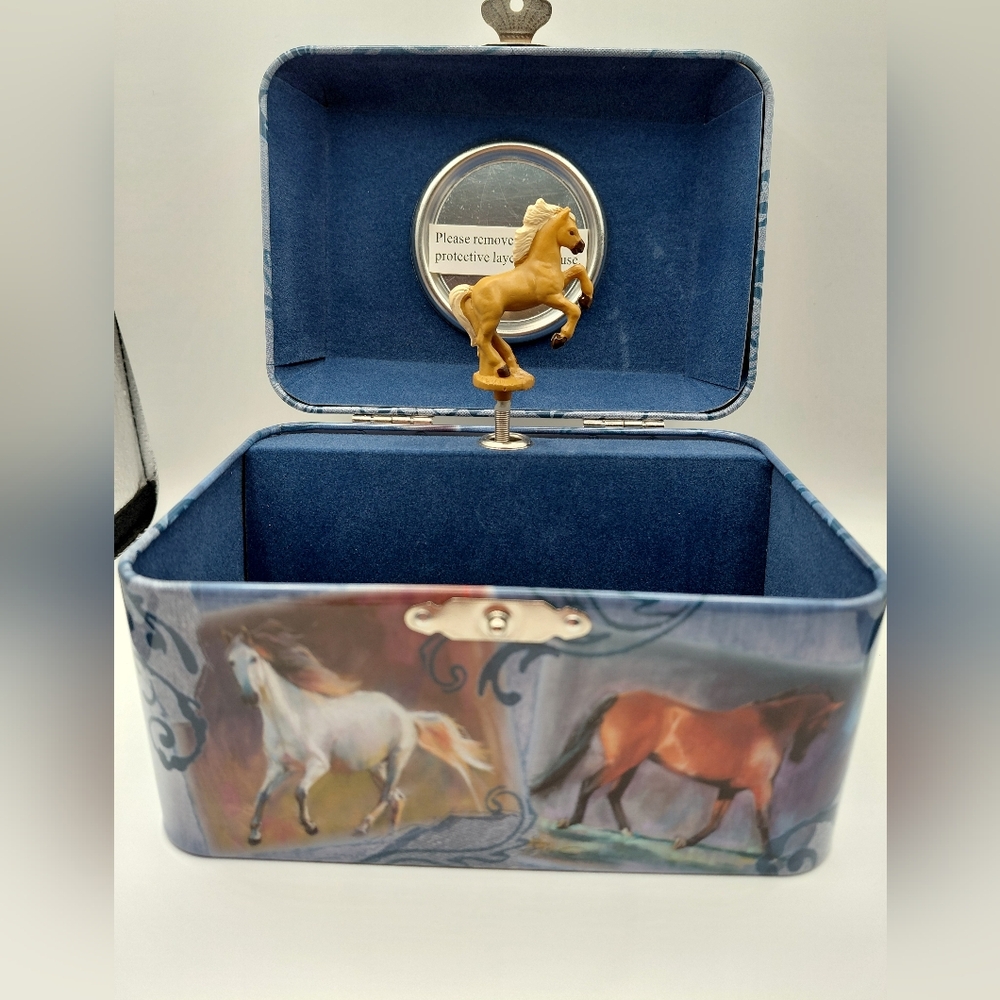 2008 Schylling Tin Horse-Themed Blue and Brown Jewelry Box In Original Box.